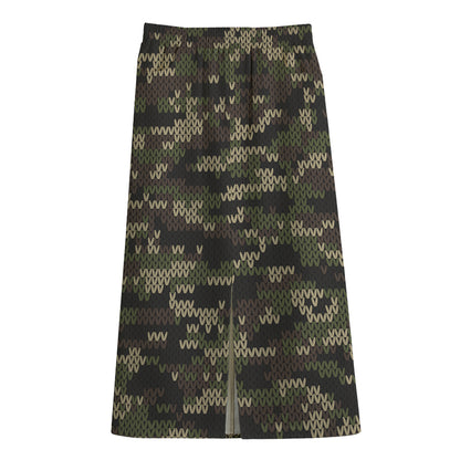 Army Camouflage Knitted Pattern Print Cotton Front Slit Maxi Skirt