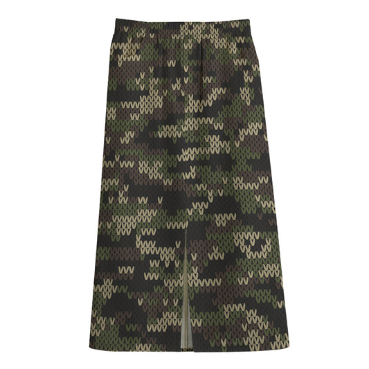 Army Camouflage Knitted Pattern Print Cotton Front Slit Maxi Skirt