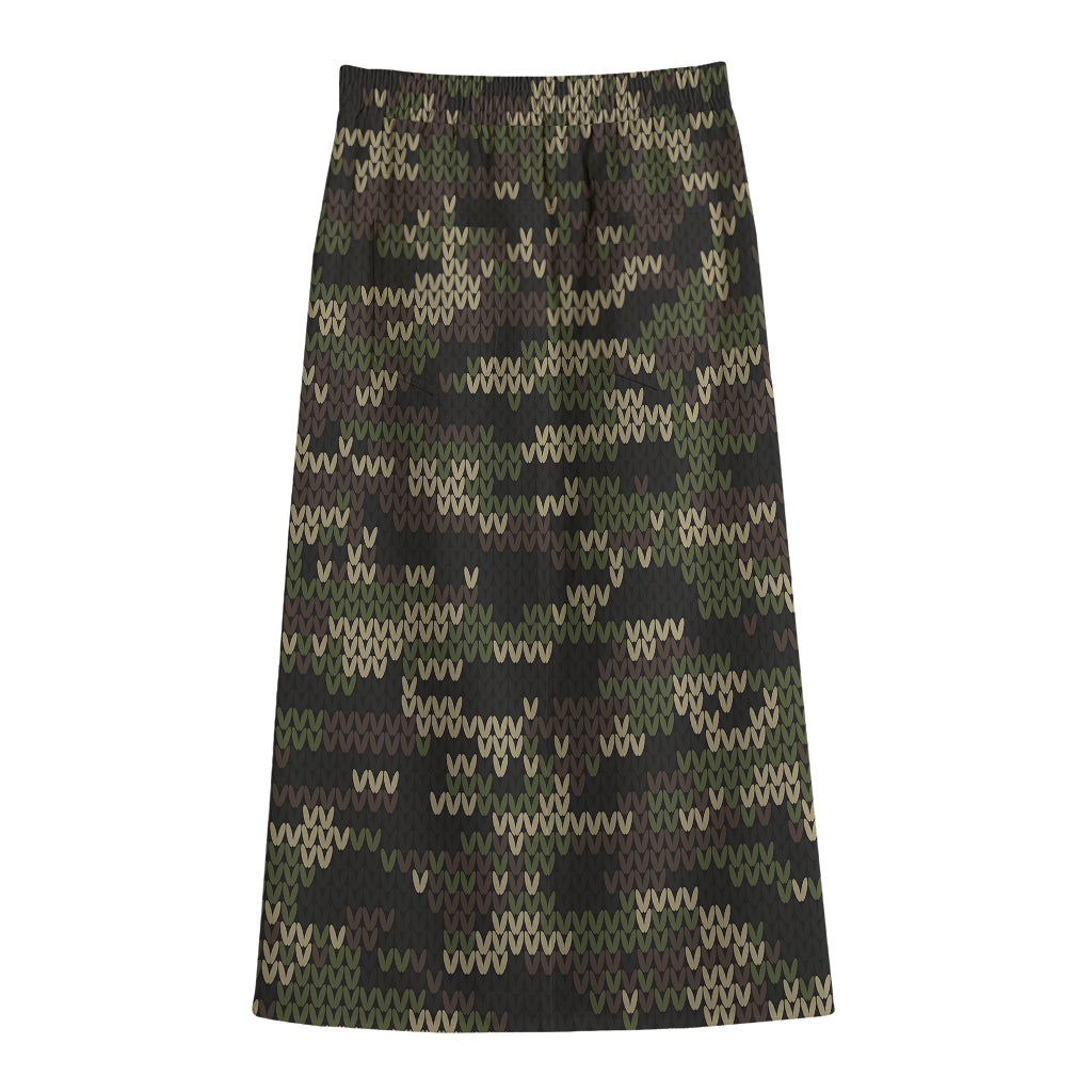 Army Camouflage Knitted Pattern Print Cotton Front Slit Maxi Skirt