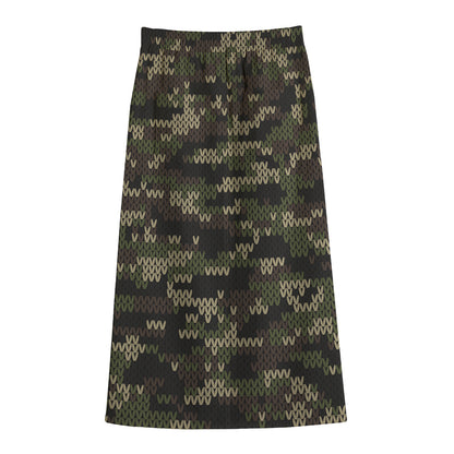 Army Camouflage Knitted Pattern Print Cotton Front Slit Maxi Skirt