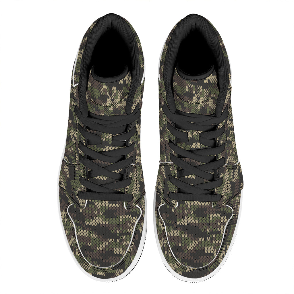 Army Camouflage Knitted Pattern Print High Top Leather Sneakers