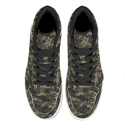 Army Camouflage Knitted Pattern Print High Top Leather Sneakers