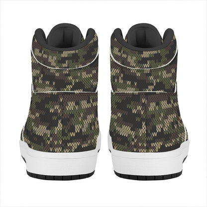 Army Camouflage Knitted Pattern Print High Top Leather Sneakers