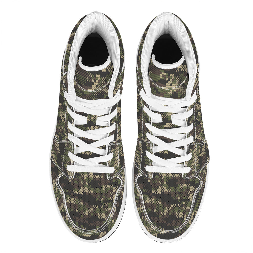 Army Camouflage Knitted Pattern Print High Top Leather Sneakers