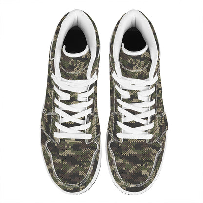 Army Camouflage Knitted Pattern Print High Top Leather Sneakers