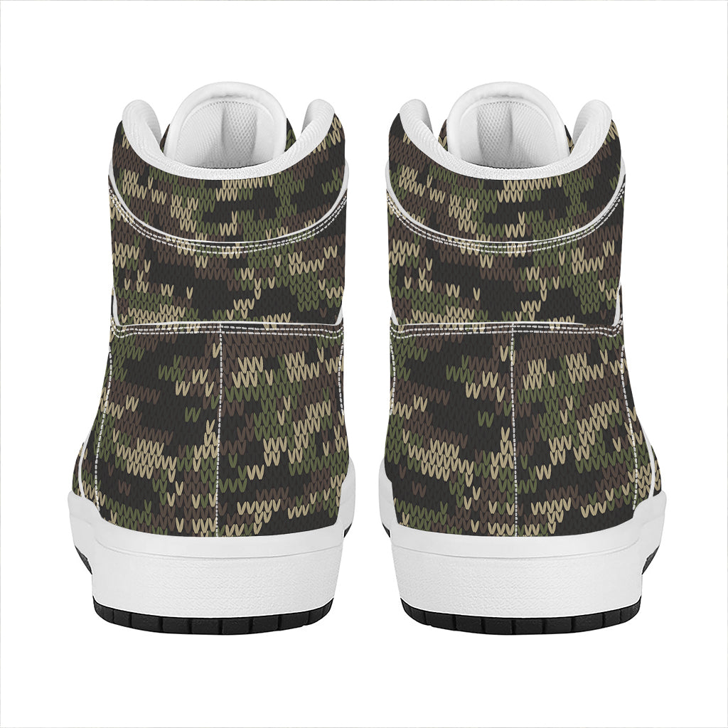 Army Camouflage Knitted Pattern Print High Top Leather Sneakers