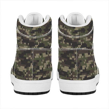 Army Camouflage Knitted Pattern Print High Top Leather Sneakers