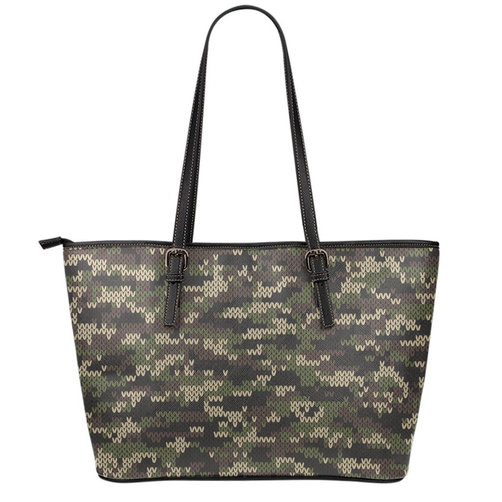 Army Camouflage Knitted Pattern Print Leather Tote Bag