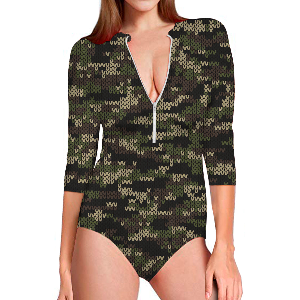 Army Camouflage Knitted Pattern Print Long Sleeve Swimsuit