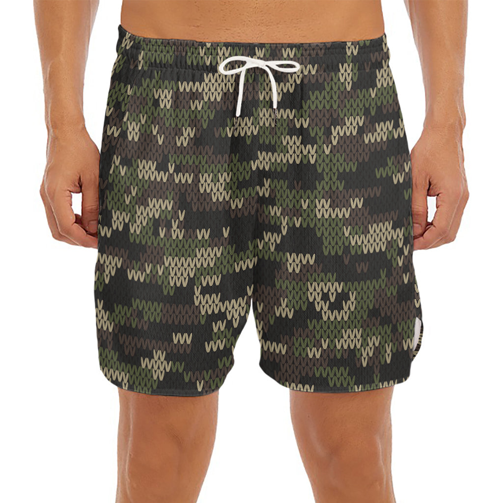 Army Camouflage Knitted Pattern Print Men's Split Running Shorts