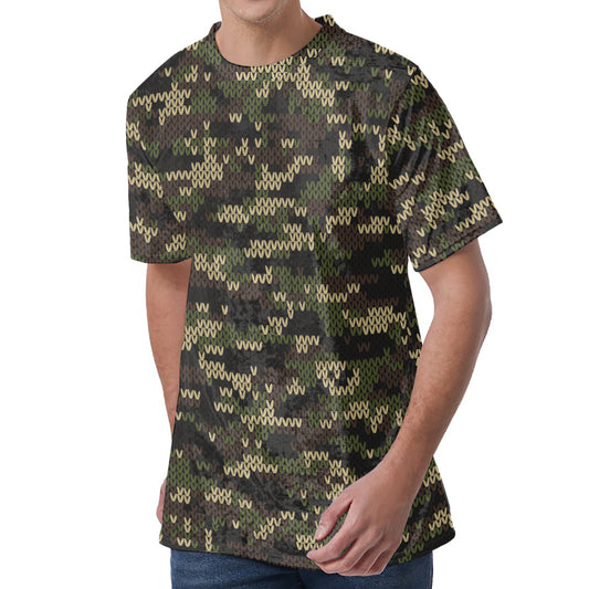 Army Camouflage Knitted Pattern Print Men's Velvet T-Shirt