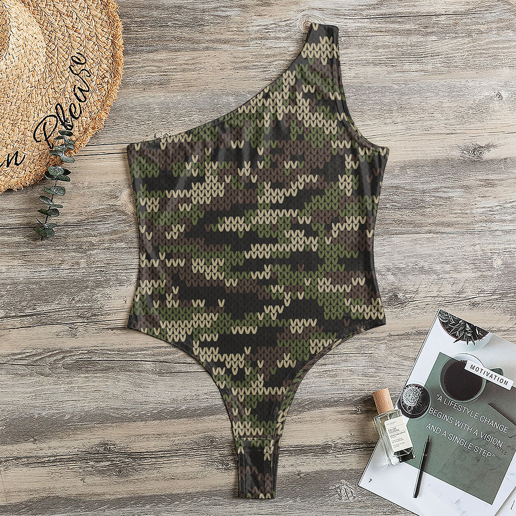 Army Camouflage Knitted Pattern Print One Shoulder Bodysuit