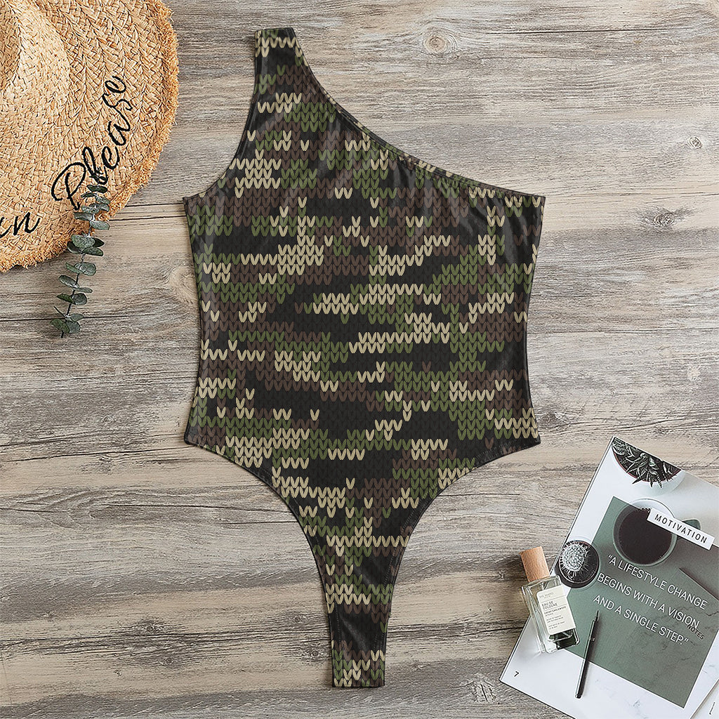 Army Camouflage Knitted Pattern Print One Shoulder Bodysuit