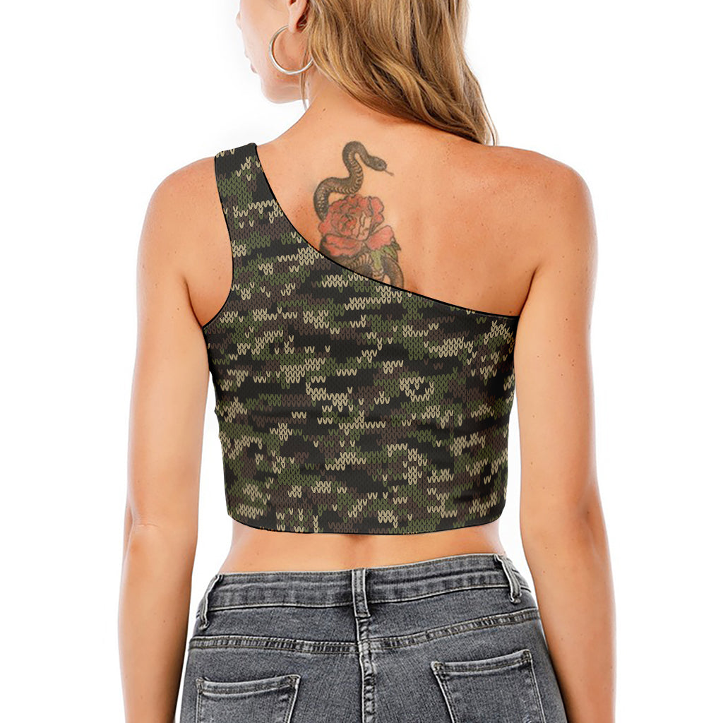Army Camouflage Knitted Pattern Print One Shoulder Crop Top