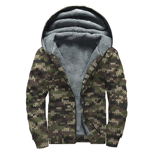 Army Camouflage Knitted Pattern Print Sherpa Lined Zip Up Hoodie