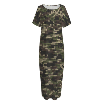 Army Camouflage Knitted Pattern Print Short Sleeve Long Nightdress