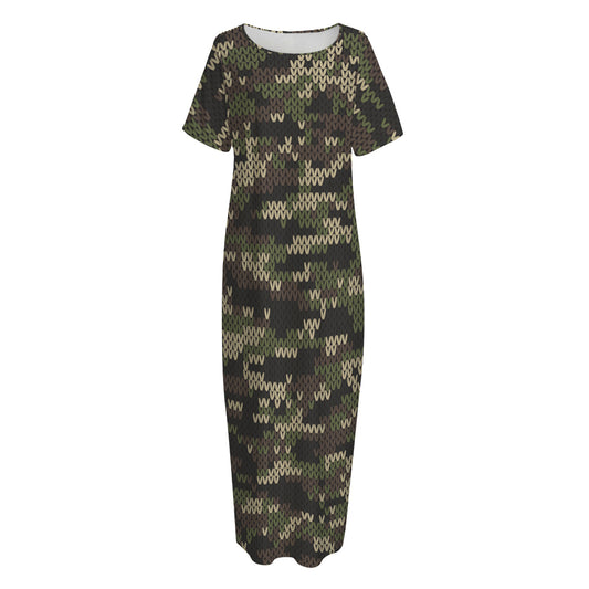 Army Camouflage Knitted Pattern Print Short Sleeve Long Nightdress