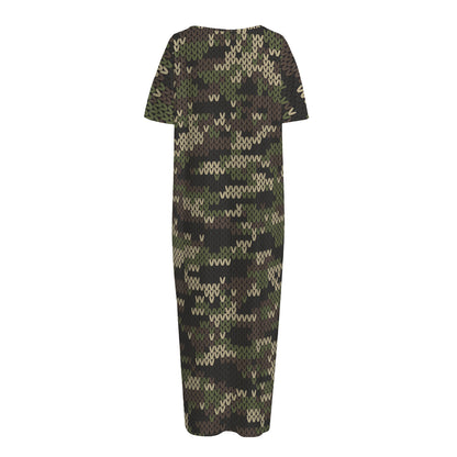 Army Camouflage Knitted Pattern Print Short Sleeve Long Nightdress