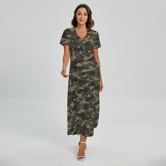 Army Camouflage Knitted Pattern Print Short Sleeve Maxi Dress