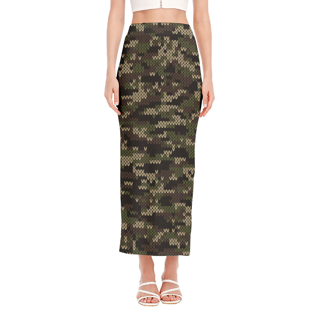 Army Camouflage Knitted Pattern Print Side Slit Maxi Skirt