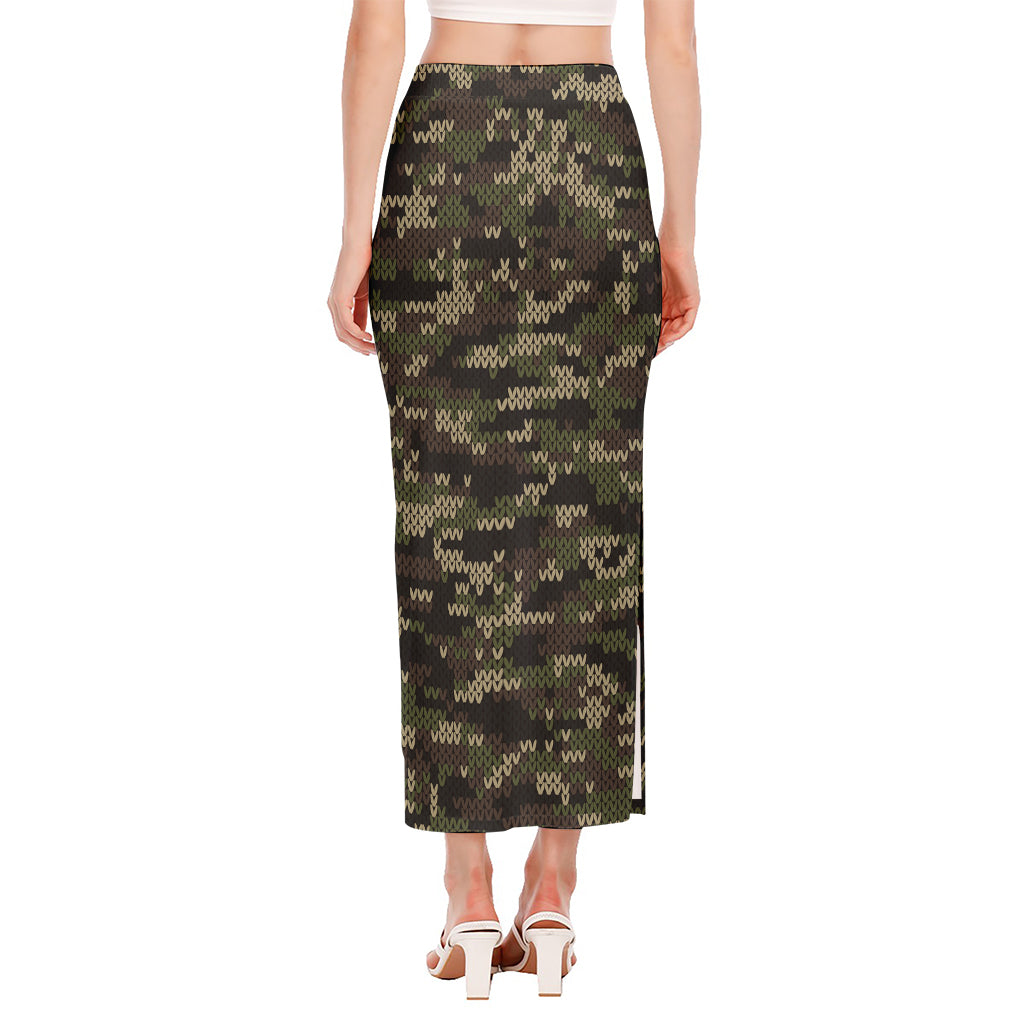 Army Camouflage Knitted Pattern Print Side Slit Maxi Skirt