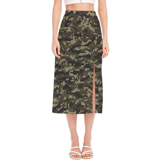 Army Camouflage Knitted Pattern Print Side Slit Midi Skirt