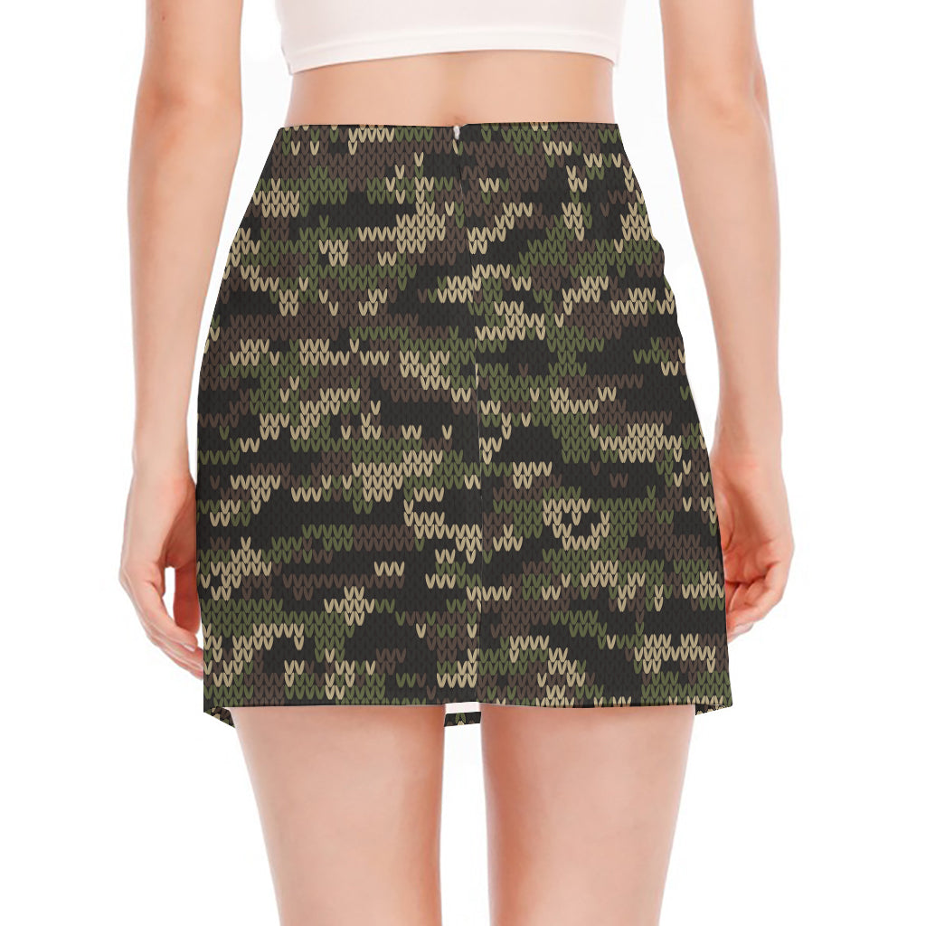 Army Camouflage Knitted Pattern Print Side Slit Mini Skirt