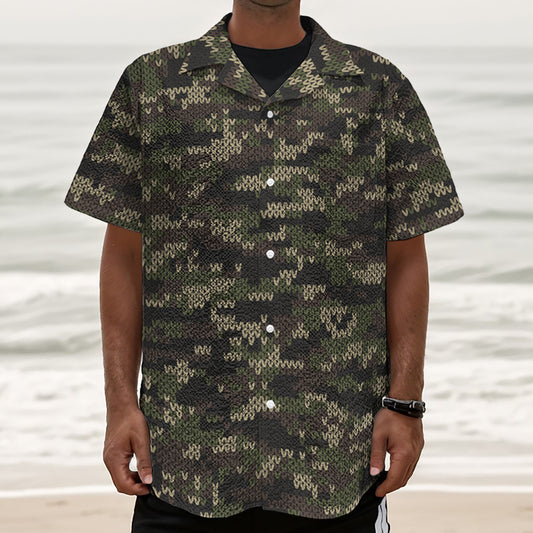 Army Camouflage Knitted Pattern Print Textured Short Sleeve Shirt