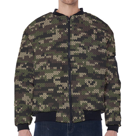 Army Camouflage Knitted Pattern Print Zip Sleeve Bomber Jacket