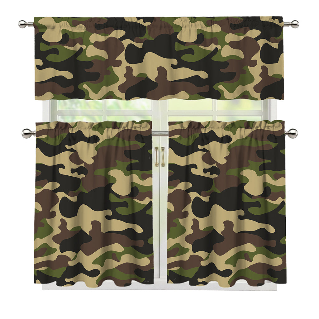 Army Green Camouflage Print 3 Piece Kitchen Curtains