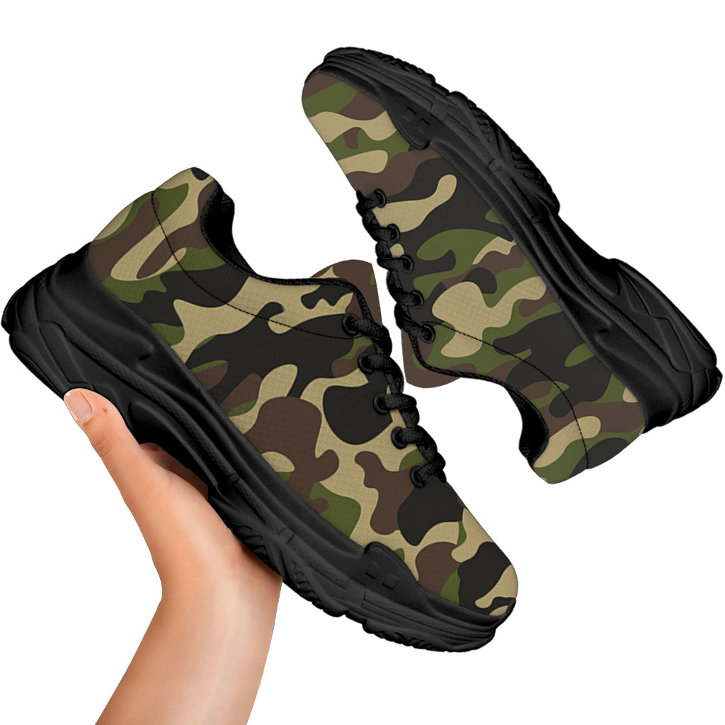 Army Green Camouflage Print Black Chunky Shoes