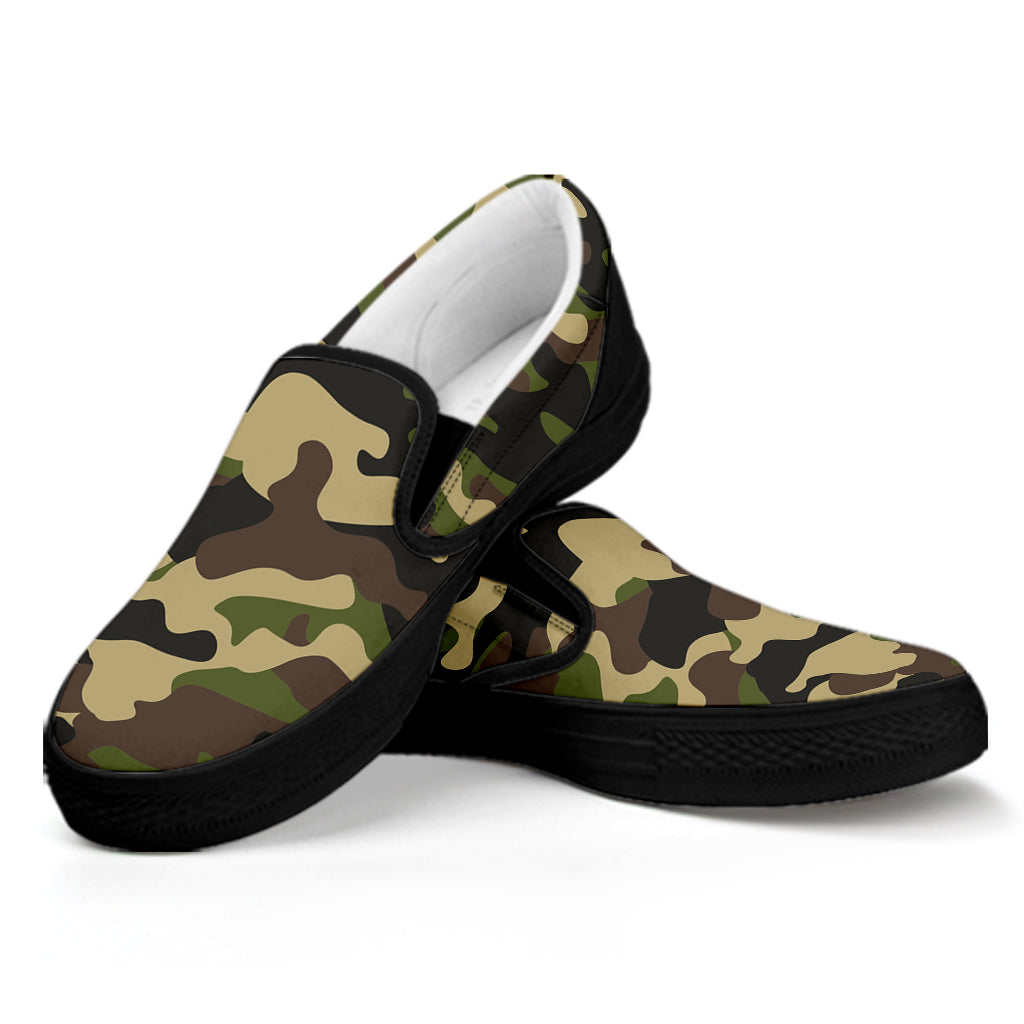 Army Green Camouflage Print Black Slip On Sneakers