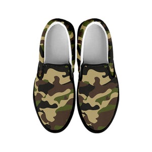 Army Green Camouflage Print Black Slip On Sneakers