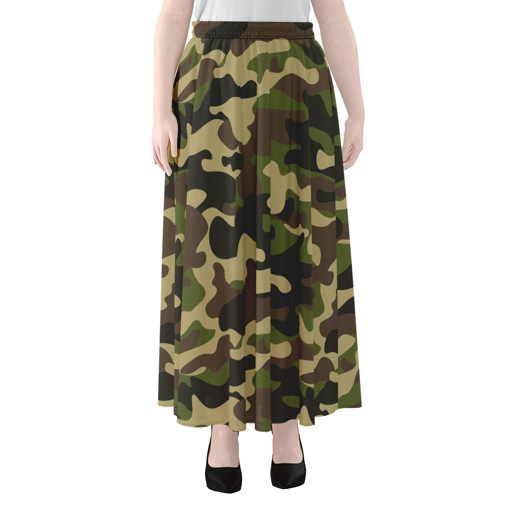 Army Green Camouflage Print Chiffon Maxi Skirt