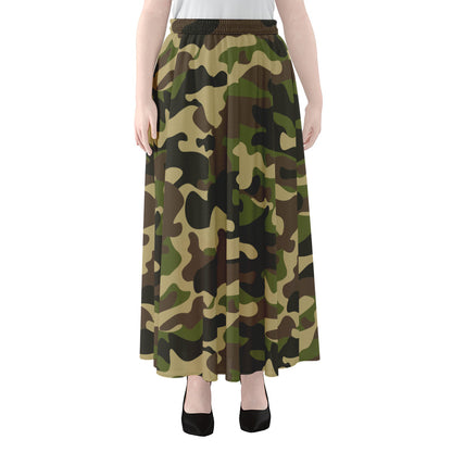 Army Green Camouflage Print Chiffon Maxi Skirt