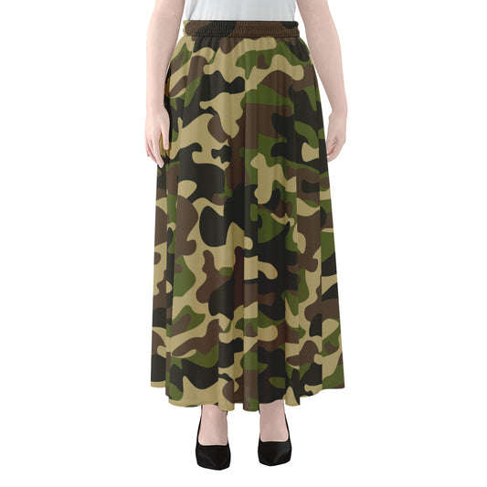 Army Green Camouflage Print Chiffon Maxi Skirt