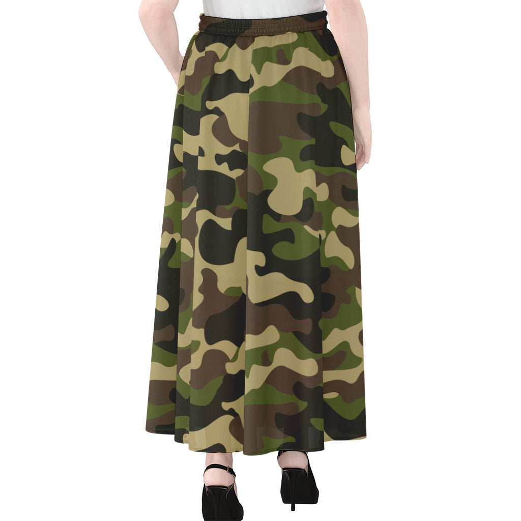 Army Green Camouflage Print Chiffon Maxi Skirt