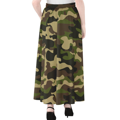 Army Green Camouflage Print Chiffon Maxi Skirt
