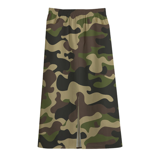 Army Green Camouflage Print Cotton Front Slit Maxi Skirt