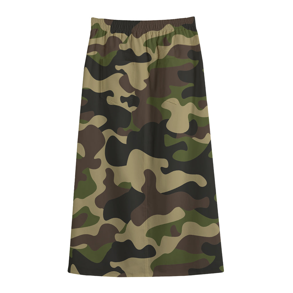 Army Green Camouflage Print Cotton Front Slit Maxi Skirt