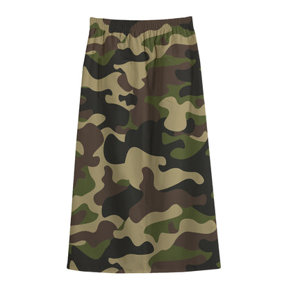 Army Green Camouflage Print Cotton Front Slit Maxi Skirt