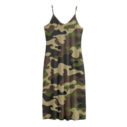 Army Green Camouflage Print Jersey Midi Cami Dress