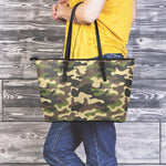 Army Green Camouflage Print Leather Tote Bag