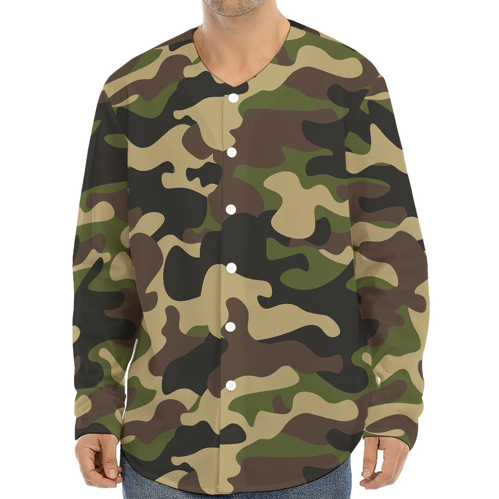 Army Green Camouflage Print Long Sleeve Baseball Jersey