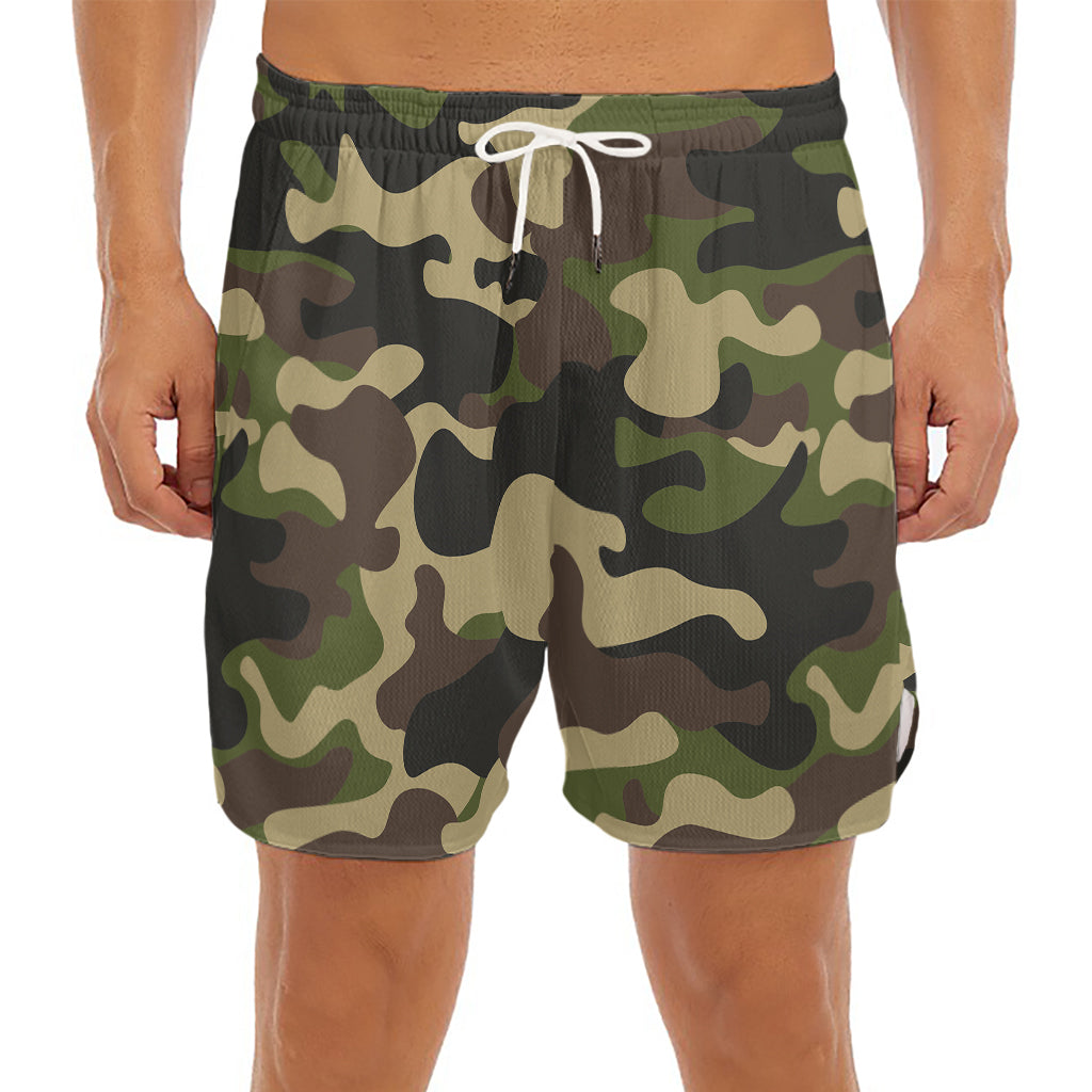 Army Green Camouflage Print Men's Split Running Shorts