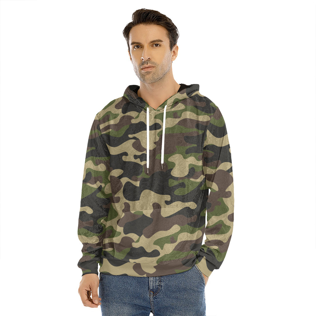 Army Green Camouflage Print Men's Velvet Pullover Hoodie