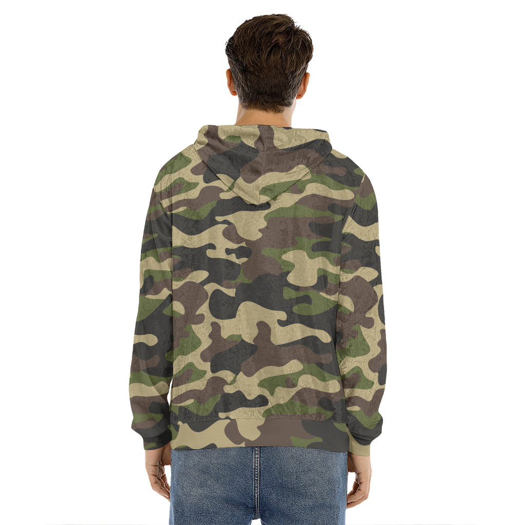 Army Green Camouflage Print Men's Velvet Pullover Hoodie