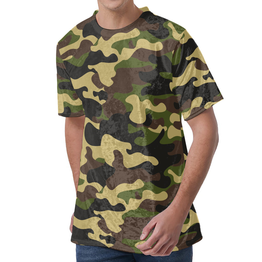Army Green Camouflage Print Men's Velvet T-Shirt