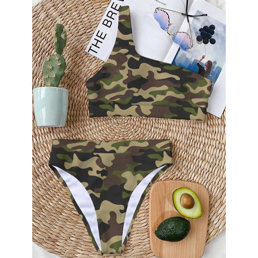 Army Green Camouflage Print One Shoulder Bikini Top
