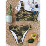 Army Green Camouflage Print One Shoulder Bikini Top